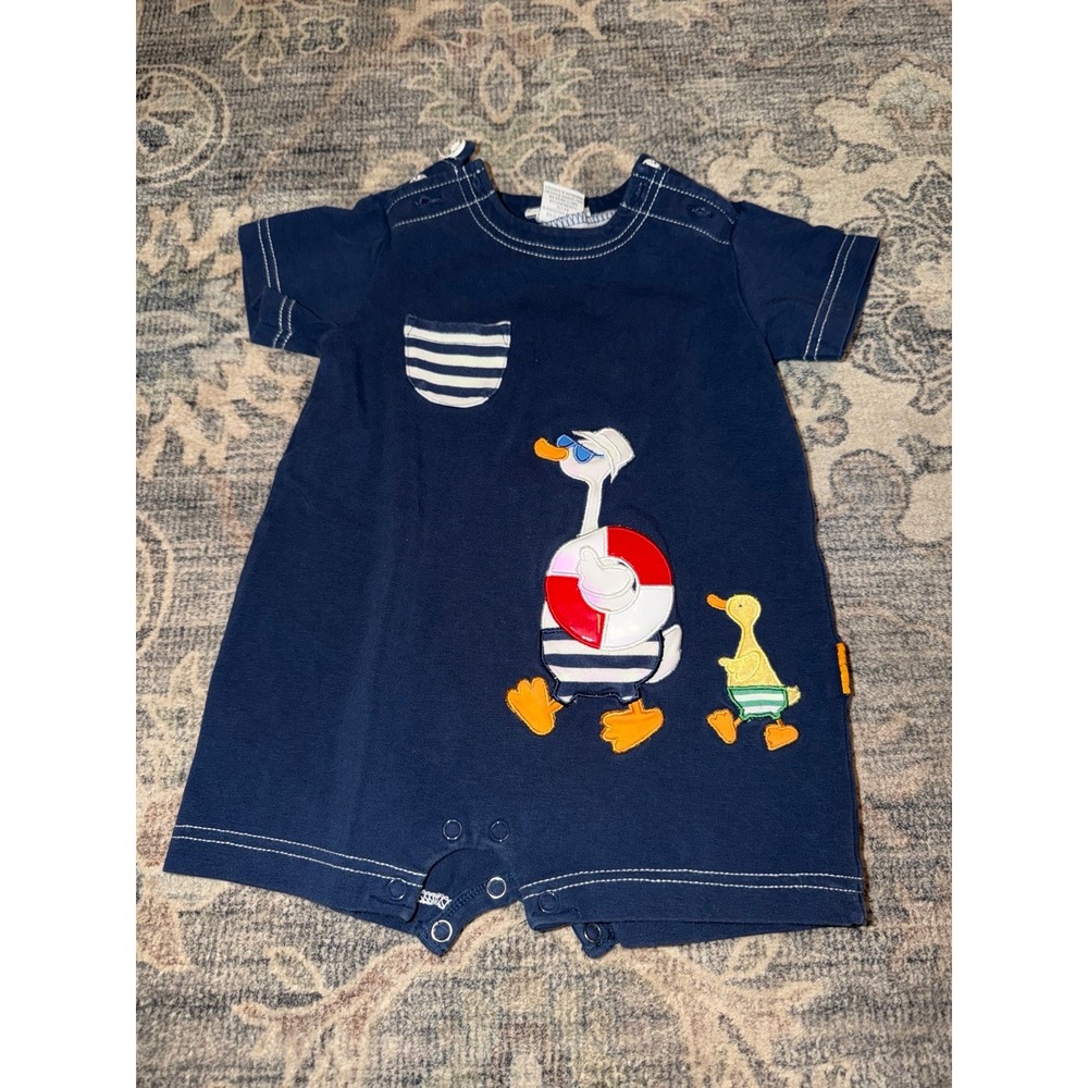 Vintage Le Top Infant Baby Outfit Romper Ducks Duckies Navy Blue